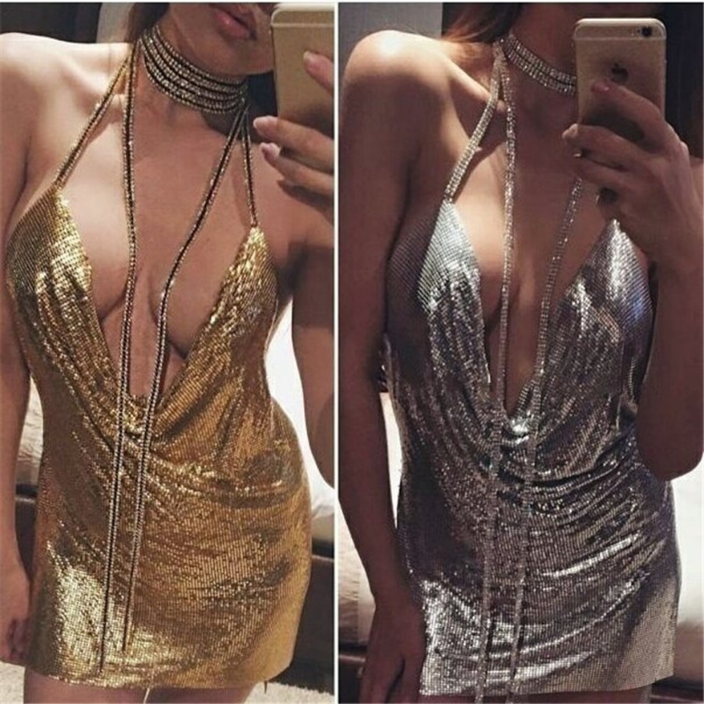 Women's V Neck Sequin Lace Up Mini Dress